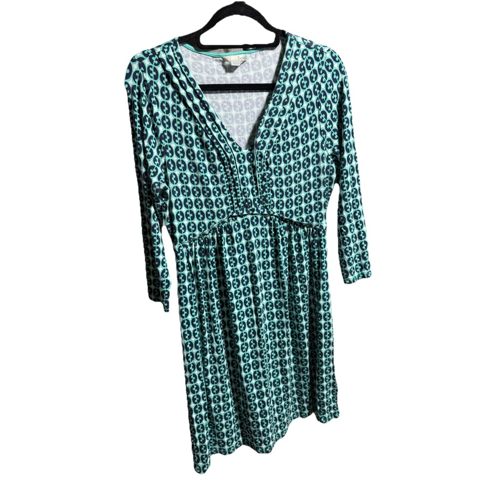 Boden Women's Dress Blue/White/Green Print 3/4 Sleeve V Neck Size US 12R